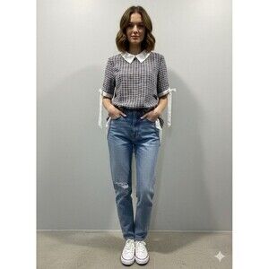 Misia L Tweed Blouse Layered Look Top White Collar Contrast Hem Short Sleeve